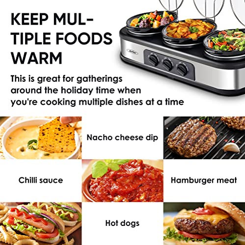 Sunvivi Slow Cooker, Triple Slow Cooker Buffet Server and Food Warmer, 3-Section 1.5-Quart Upgraded Oval Ceramic Pot with Stainless Steel Lid Rests, 3 Spoons, Total 4.5 QT