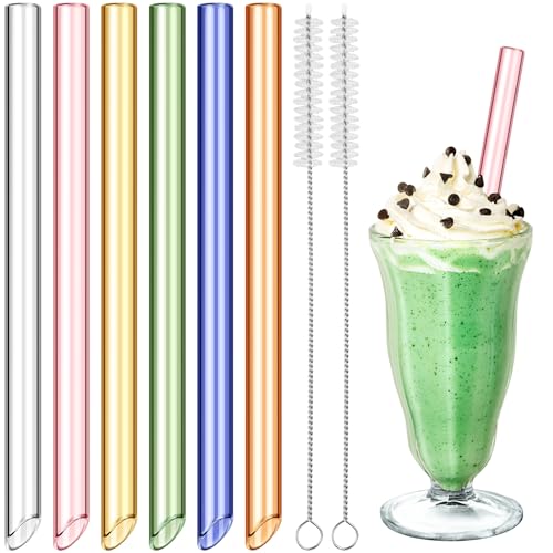 Nihome 6Pcs Multi-Color 9' Long 14Mm Extra Wide Glass Straws For Boba, Smoothies, Milkshakes, Slushies, Transparent Borosilicate Glass Reusable Drinking Straws With 2 Cleaning Brushes, Dishwasher Safe