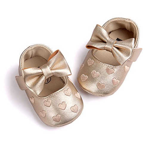 RVROVIC Baby Girls Shoes Soft Sole Mary Jane Flats Princess Dresses Shoes PU Cute Bow Crib Shoes Prewalker (6-12 Months Infant, Heart-Gold)