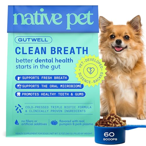 Native Pet GutWell Clean Breath – Dog Breath Freshener & Dog Dental Powder – Teeth Cleaning to Reduce Plaque & Tartar – Promotes Fresh Breath with Targeted Triple-biotic Dental Care Blend – 60 Scoops