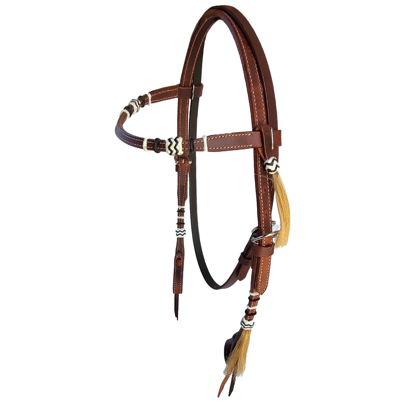 Brama West Western-trense "Wyatt" – Elegante scocca in pelle dal classico stile western – con cuciture bianche a contrasto, decorazioni Rawhide e nappe per capelli di cavalli – marrone, con pale (Cob)