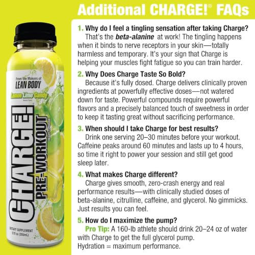 Image of LABRADA Charge Pre Workout Lemon Lime Candy RTD Drink - Pump, Energy, Endurance Formula with 10g Glycerol, 6g L-Citrulline Malate, 4g Beta Alanine, Caffeine Blend, + Complete Hydration Support, 12 Serving