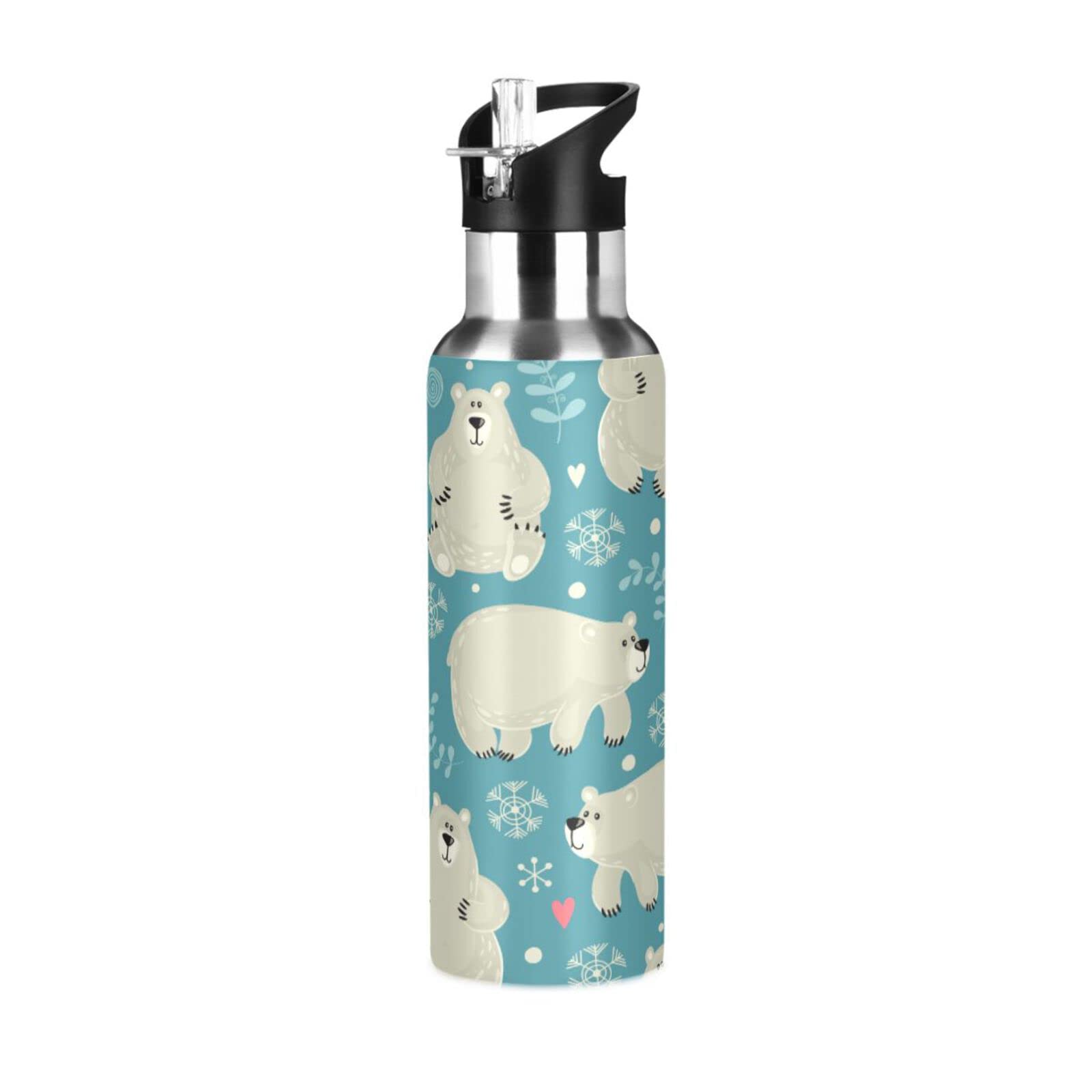 Polar Bear Water Bottle with Straw Lid for Fitness Gym Camping Outdoor Sports, Wide Mouth Vacuum Insulated 18/8 Stainless Steel, 22oz