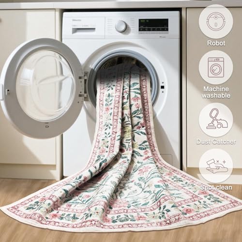 Area Rugs 9x12 Living Room: Floral Washable Rug Vintage Large Soft Boho Non-Slip Carpet Indoor Stain Resistant Low Pile Carpets for Bedroom Dining Room Farmhouse Nursery Hallway Home Office Pink Green