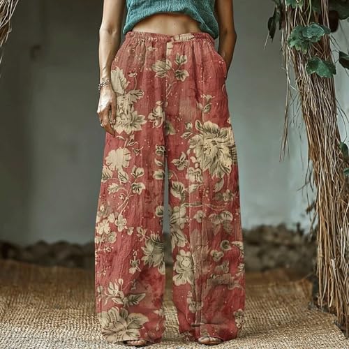 Linen Pants Women 2025 Casual High Waist Wide Leg Floral Palazzo Pant Flowy Trendy Beach Boho Trousers with Pockets2