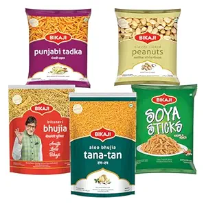 Bikaji Snacks Combo – SOYA STICKS & SALTED PEANUT & BHUJIA & TANA-TAN (Aloo Bhujia) & PUNJABI TADKA | 5 Pack Variety | Bar Snacks, Party Mix & Tea-Time Treats – 1000g