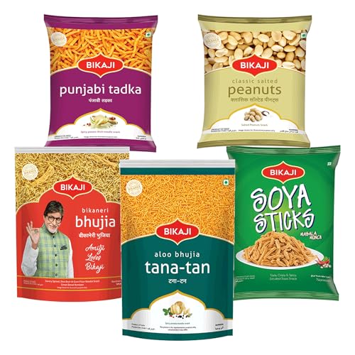 Bikaji Snacks Combo – SOYA STICKS & SALTED PEANUT & BHUJIA & TANA-TAN (Aloo Bhujia) & PUNJABI TADKA | 5 Pack Variety | Bar Snacks, Party Mix & Tea-Time Treats – 1000g