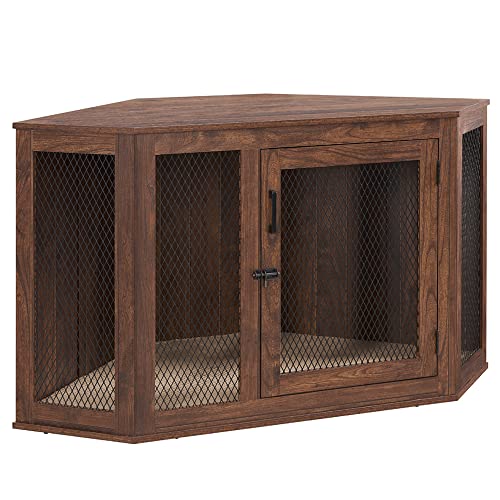 unipaws Furniture Style Corner Dog Crate for Medium Large Dogs Indoor Aesthetic Puppy Kennel TV Stand Modern Decorative Wood Pet House Dog Cage Pretty Cute End Side Table Nightstand Walnut