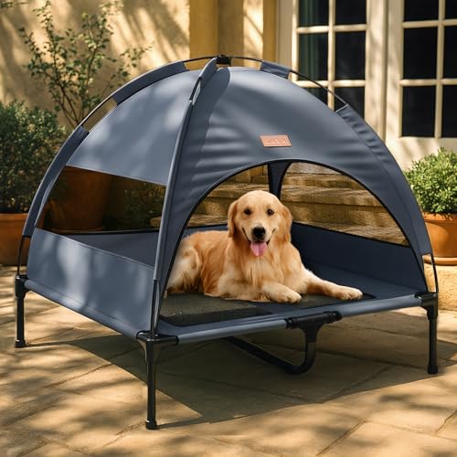 Lekespring Hundeliege Outdoor mit Dach & Erhöht Design - Atmungsaktive & wasserdichte Hundebett Outdoor, Hundeliege mit Sonnenschutz für Camping, Park & Indoor, Leicht & Tragbar, Grau