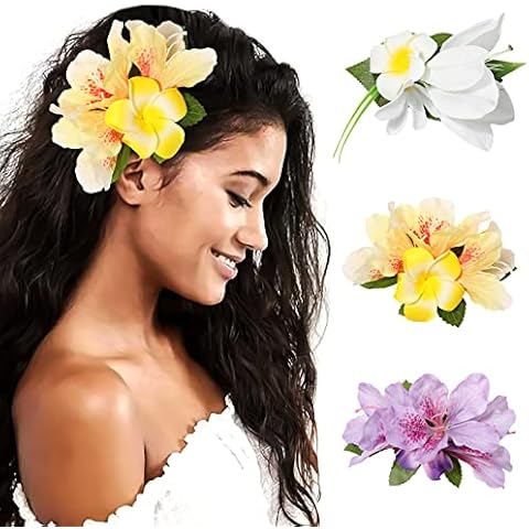 HAIMEIKANG Hair Clip, 3 Pieces Hawaiian Flower Hair Pins - Artificial Tropical Flower Hair Accessories for Women in White, Yellow, Purple (3 Count, 1 Package) Cover