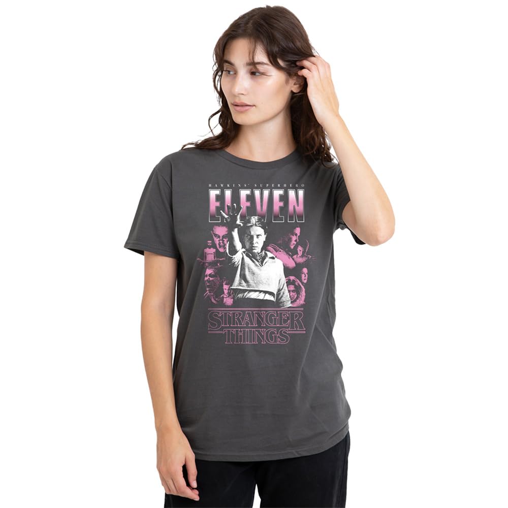 Stranger Things Womens Eleven Poster Ladies Shirt, Charcoal, Charcoal, L UK