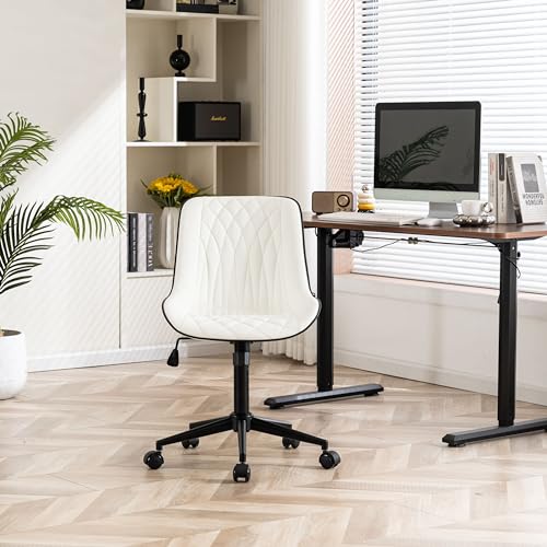 Image of YOUNIKE White Ergonomic Office Desk Chair No Arms Comfy Small Vanity Chair with Wheels Swivel Adjustable Modern Computer Task Chair with Back Armless Cute Leather Upholstered Rolling Chair