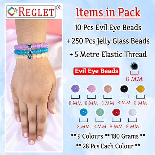 Image of 15 Pcs Evil Eye Beads + 250 Pcs Jelly Glass Beads for Jewellery Making Kit - Glass Beads for Bracelet Making Kit - Bead Craft - 8mm