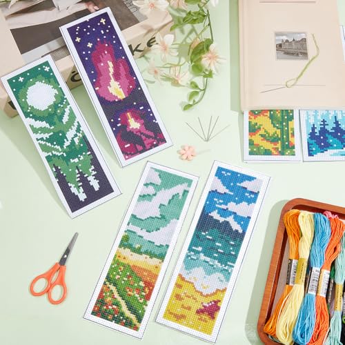 Image of INFUNLY 6PCS Landscape Cross Stitch Bookmark Kit for Adults Mountain Cross Stitch Kits DIY Crossstitch Kits Natural Scenery Stamped Embroidery Bookmark Kit with Instructions for Book Lovers Readers