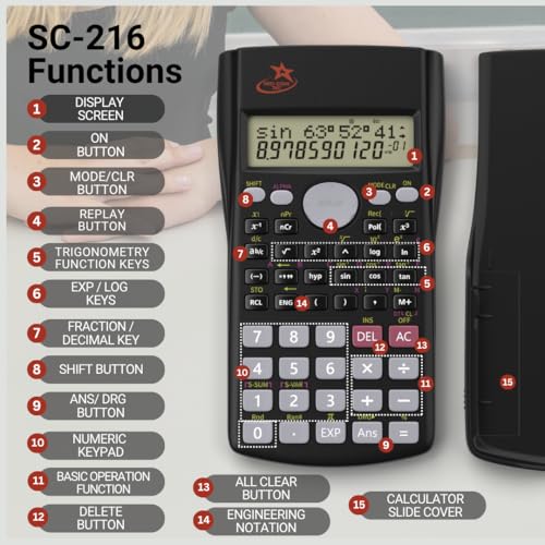 Image of Fraction Calculator for School - SC-216 Scientific Calculator by Red Star Tec, with 4 Functions, SAT-Ready, 2-Line Display with Trigonometry, Algebra & Statistics, Non-Graphing Calculator