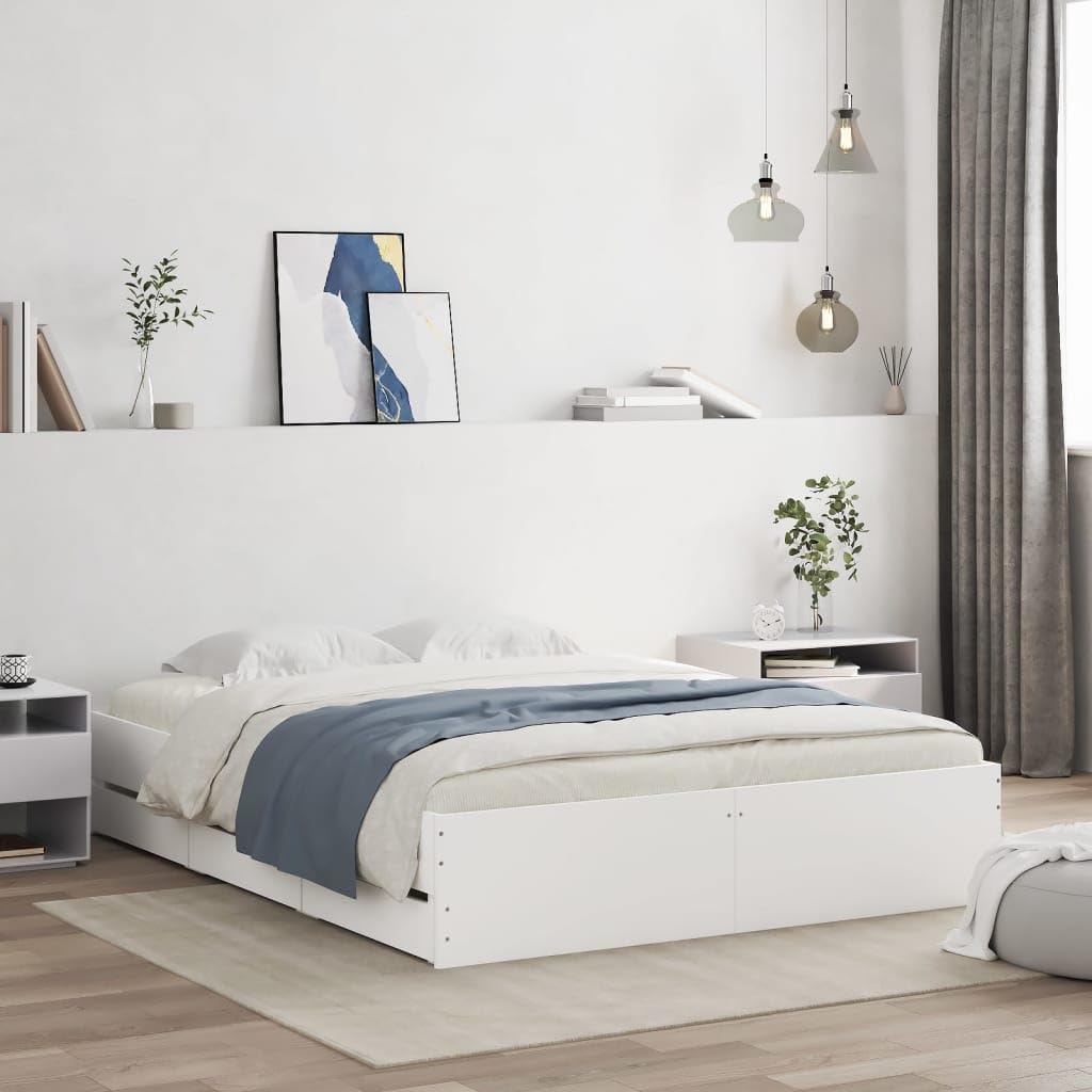 Festnight Cama con 6 Cajones Madera 150 x 200 cm, Base De Cama, Estructura Cama, Marco De Cama, Bed Frame, Cama Juvenil, Cama Dormitorio con Soporte de Listones de Madera, Blanco