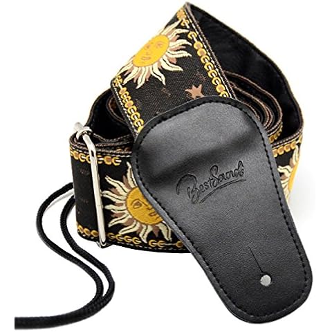BestSounds Guitar Strap Genuine Leather Ends & Sun Jacquard Weave Style Strap For Bass, Electric & Acoustic Guitars Cover