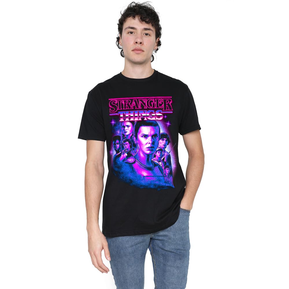 Stranger Things Season 4 Neon Retro Group Logo Unisex T Shirt, Black, Large