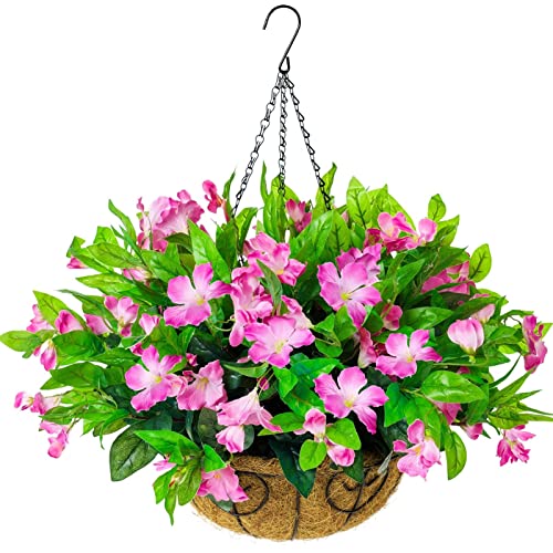 HyeFlora Artificial Faux Plants Flowers Hanging Basket for Outdoors Spring Decoration, Fake Silk Pink Azalea in Pot Planter UV Resistant Look Real for Porch Patio Outside Garden Yard Home
