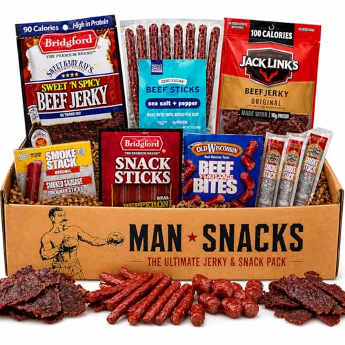 ManSnacks Jerky Gift Basket for Men | Variety of Beef Jerky, Beef Sticks, Turkey Sticks, Sausage Bites, Cheese Sticks, in a Manly Gift Box