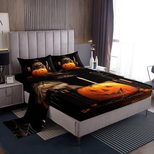 jejeloiu Eve of All Saint's Day Pumpkin Sheets with Deep Pocket Fitted Queen Size Halloween Themed Sprider Sheet Set Children Cat with Witch's Hat Bed Set Room Decor Breathable Soft All Season 3Pcs