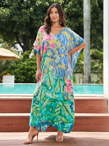 Image of IMAGEKOPE Women's Plus Size Loose Fit Moroccan Print V-Neck Batwing Kaftan Beach Dress Bathing Suit Cover Up
