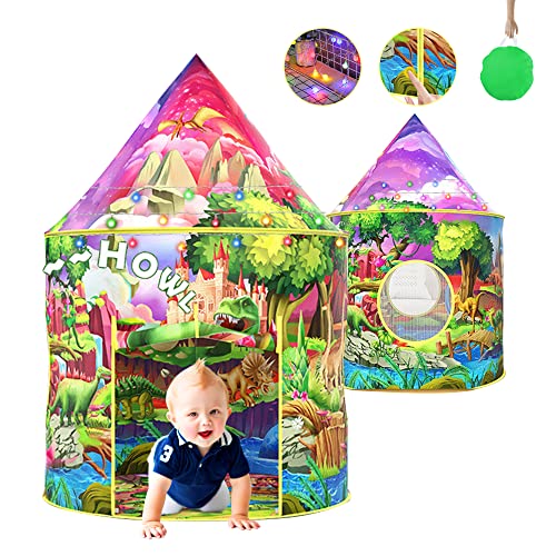 Dinosaurios Tienda Campaña Tipi Infantil Exterior Interior Pop Up Plegable Casita de Juegos Tienda CampañA Infantil con Bolas on guirnaldas de Luces de Colores, Dinosaurios Tienda CampañA Tipi Cover