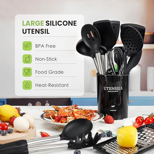 Black Large Cooking Utensils Set, 35 Pcs Silicone with Stainless Steel Handle