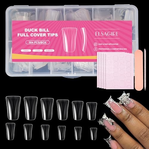 ELSAGIRL 504PCS Duck Nail Tips 12 Sizes Full Cover Clear Medium Soft Nail Tips for Acrylic & Press On Nails Professional Y2K Nails for Daily Party Holiday
