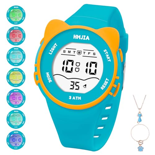 HMJIA Reloj Niñas y Collares Set con Motivo de Gato 3ATM Sumergible con Alarma Cronómetro Luz Correa Reloj Digital Niña con Correa de Cumpleaños para Niñas de 3 a 12 Años (Verde)