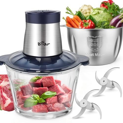 Bear 2L+1.8LFleischwölfe Zerkleinerer Elektrisch, Glas+Edelstahl，600W 2 Geschwindigkeit, Häcksler mit 4-Edelstahlklingen und Fleischwolf, Chopper für Fleisch,Babynahrung,Obst,Gemüse