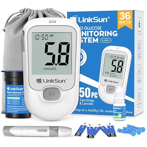 LinkSun G-425-1 Blutzuckermessgerät, Zuckermessgerät mit 50 Teststreifen, 50 Lanzetten, 1 Stechhilfe, 1 Glucose-Kontrolllösung mit Automatischer Zeit/Datum-Anzeige & Codierungsfrei, mmol/L
