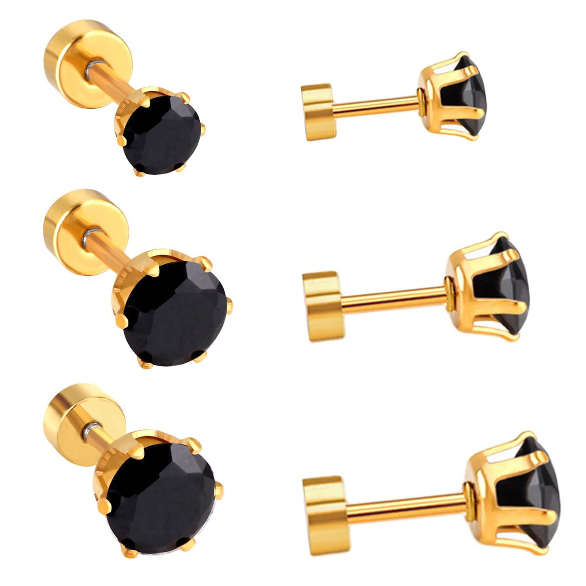 3 Pairs 20G Tiny CZ Flat Back Stud Earrings for Women Gold-Toned Stainless Steel Black Clear Rhinestone Flatback Earring Sets Cartilage Body Piercing