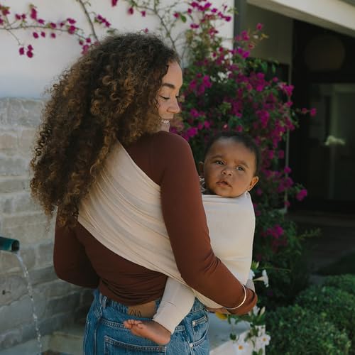 Image of WildBird - Ring Sling Baby Carrier - 0-36 Months (up to 35 lbs) - Long (90 inch) Sparrow & Gold Ring - Front, Hip or Back Carry - Adjustable Fit - Natural Linen - Baby Essentials - New Mom Gifts