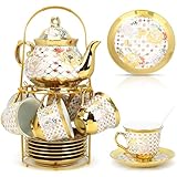 20 Pcs Porcelain Tea Set with Metal Holder, Adult Tea Sets Gift, European Ceramic Tea Set for Adults, Flower Tea Cup Saucer Set for Party With Gold Flower Painting (Classic Gold)