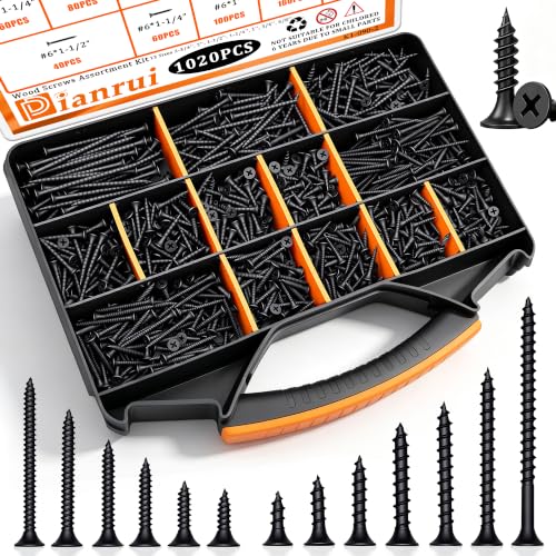 Image of Dianrui 1020 PCS High Hardness Wood Screws Assortment Kit, #6#8 Drywall Screws, Assorted Black Wood Screws, Phillips Flat Head Screw Set-13 Sizes (5 /8 inch,3 /4 inch,1 inch,1-1 /4 inch,1-1 /2 inch,2 inch,2-3 /4 inch)