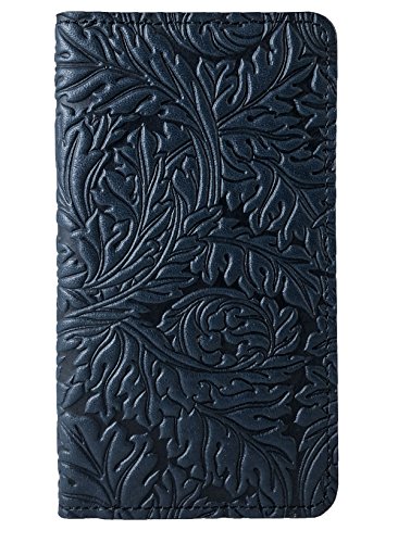 Oberon Design Acanthus Leaf Embossed Genuine Leather Checkbook Cover, 3.5x6.5 Inches, Navy Blue, Made in the USA
