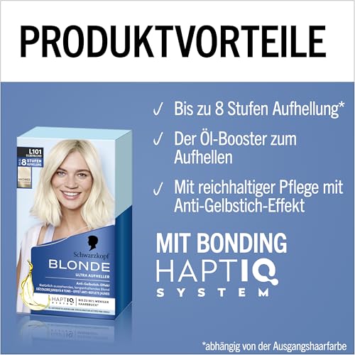 Foto von Schwarzkopf Blonde Aufheller L101 Silberblond (165 ml), Haarfärbemittel für Öl-aktiviertes Haare Aufhellen mit HaptIQ System, für bis zu 8 Stufen ohne Gelbstich