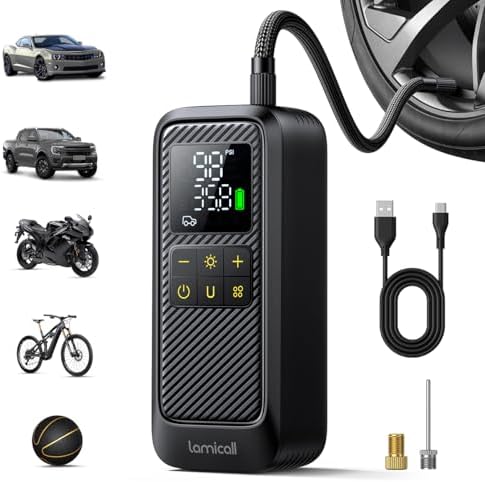 Close-up view of the Lamicall tire inflator's digital display screen and control buttons.
