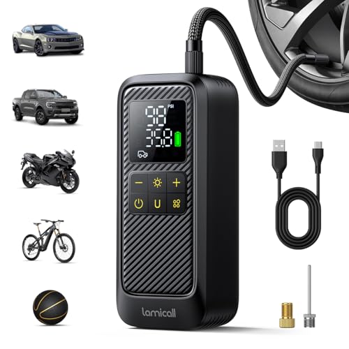 Lamicall Elektrische Luftpumpe, Akku Fahrradpumpe - [5X Schneller] 150PSI Tragbare Fahrrad Pumpe für alle Ventile, Mini Kompressor für Auto, E-Bike, Motorrad, Bälle, Fahrrad Zubehör, mit LED-Licht