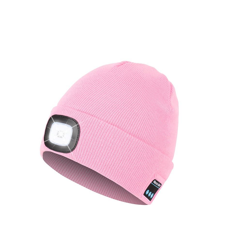 Bluetooth Beanie Hat with Light, Headlamp Cap with Headphones and Built-in Speaker Mic, Gifts for Men Women Teen, Pink, One size