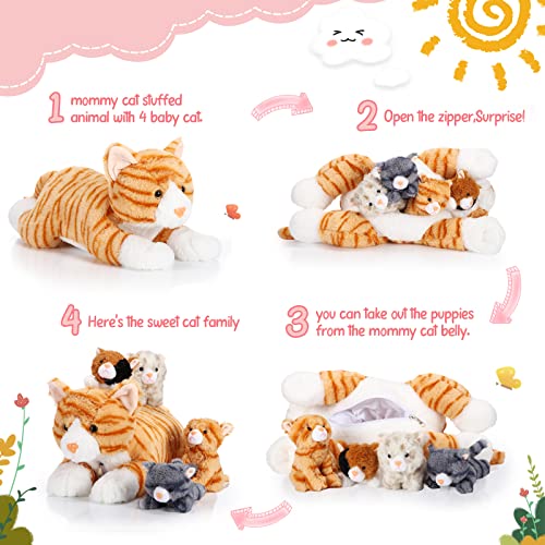 Skylety 5 Stück Plüsch Katzen Set Enthält Groß Katze Stofftier Weich Kuscheltier mit 4 Flauschig Plüschtier Kätzchen im Bauch Mama Katze zum Kuschel Schlaf Geburtstag Geschenk (Orange)