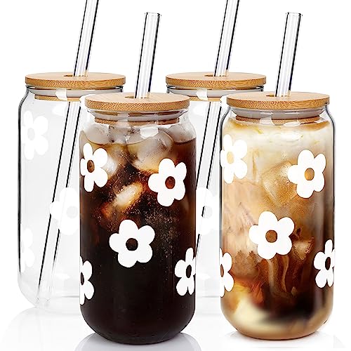 Mason Life Glass Cups with Lids and Straws, 20OZ Glass Cups, Drinking Glasses, Iced Coffee Glasses Cup, Smoothie Cups, Tumbler Glass, Reusable Iced Coffee Cup Drinking Glasses -Set of 4