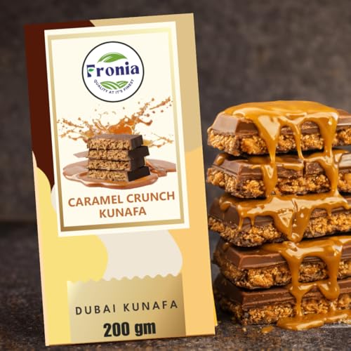 Image of Fronia Caramel Crunch Kunafa Chocolate Bar 200gms Dubai Style - Chocolate Dessert, Milk Chocolate with Creamy Caramel Filling & Crunchy Kunafa Layers | 200g