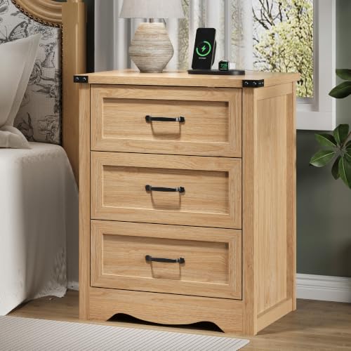 Image of Xixini Nightstand with Charging Station, 24 inch Wide Farmhouse Bedside Table with 3 Deep Storage Drawers, Modern Wood Side Table with Mental Handle, Tall End Table for Bedroom, Oak