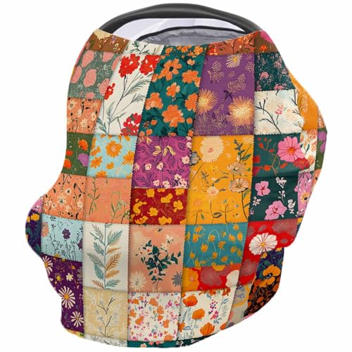 Boho Flower Floral Car Seat Covers for Babies, Plant Wildflowers Retro Color Block Nursing Breastfeeding Covers Stretchy Breathable Baby Carseat Canopy Cover for Girls and Boys Shower Gifts