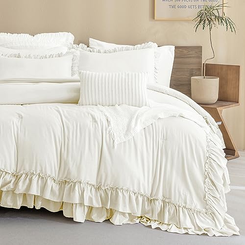Qsh HU-XI-201 Ruffled Comforter Queen Size, Shabby French Country Chic Bedding Ivory Comforter Sets thumb #1
