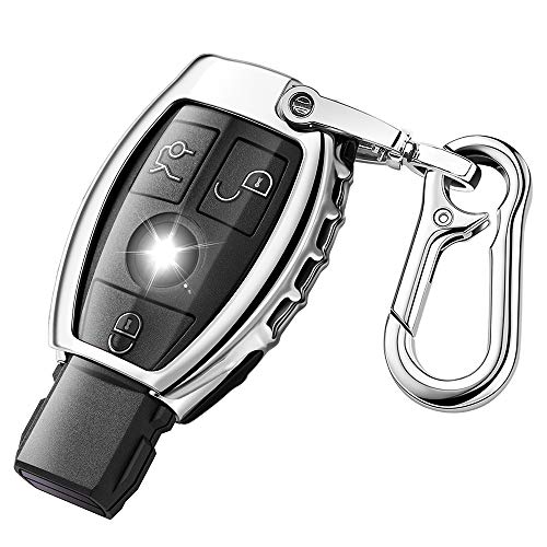 QBUC Car Key Fob Cover,Soft TPU Key Case Key Shell Cover Protector with Keychain Compatible with C E S M CLS CLK G Class Keyless Smart Key Fob(Sliver)