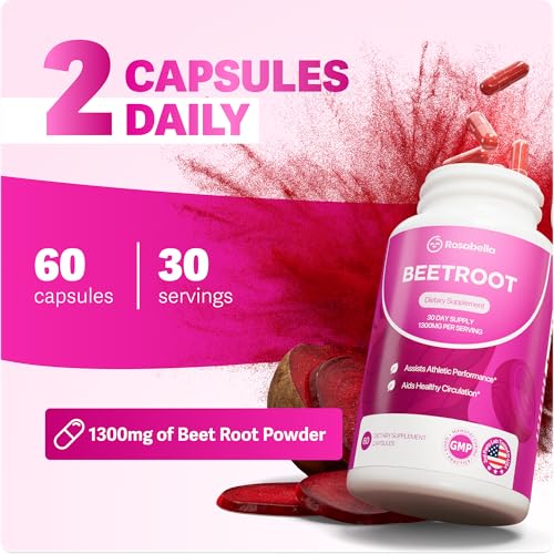 Image of Rosabella Organic Beet Root Capsules - 1300mg Beet Root Powder Aids Healthy Circulation & Vitality, Non-GMO, Beet Root Supplement - 120 Capsules, 60-Day Supply