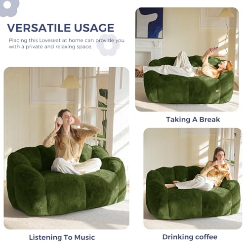 Image of MAXYOYO Bean Bag Chair for Adults, Loveseat Floral Shaped Bean Bag Sofa, Ultra Soft Love Seat Mini Sofa Couch, Faux Fur Reading Chair for Living Room Bedroom, Green